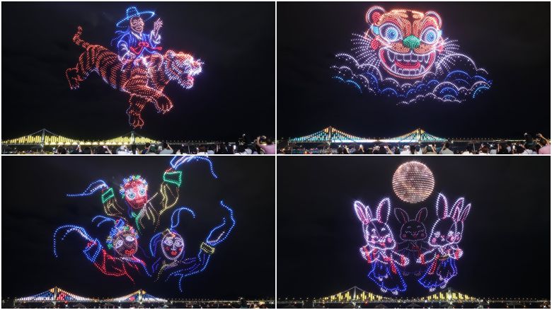 지난 4일 밤 부산 광안리해수욕장에서 '광안리 엠(M) 드론 라이트 쇼'의 추석 특별공연이 펼쳐지고 있다. 드론 2500대가 동원된 이날 공연은 '빛으로 잇는 한가위'란 주제로 선비와 호랑이, 전통 탈을 쓴 남사당패, 강강술래하는 토끼 등 우리나라의 아름다운 전통과 한가위 상징 이미지로 밤하늘을 수놓았다. /연합뉴스