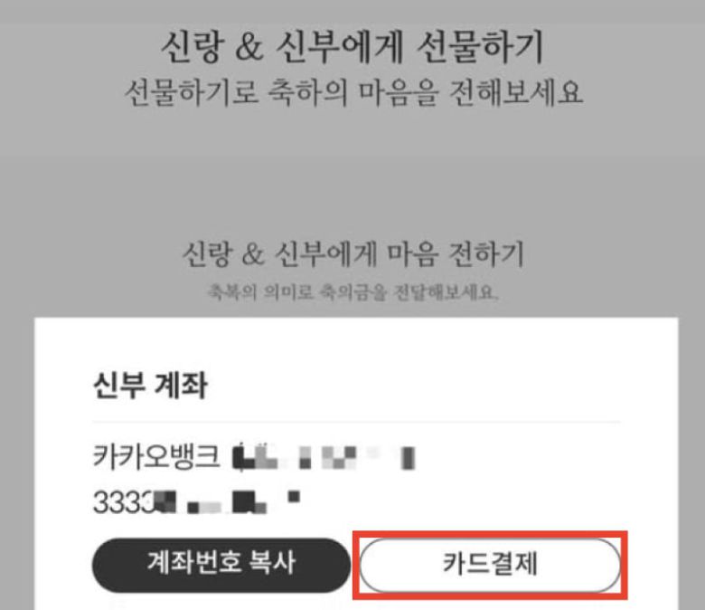 최민희 과방위원장 딸의 모바일 청첩장에 '카드결제' 기능이 보인다. 현직 국회의원이 가족 결혼식에서 '카드 결제'로 축의금을 받는 건 전례를 찾기 어렵다. 논란이 일자 해당 기능은 빠졌다. /모바일 청첩장 화면 캡처