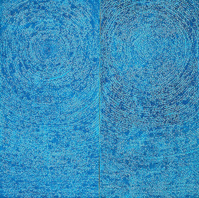 김환기의 1971년작 '우주'(Universe 5-IV-71 #200). 좌우로 분할해 그린 2개의 대형 푸른 점화가 음양의 조화를 이루며 하나의 거대한 우주를 이룩하는 김환기의 대표작이다. 한국 미술품 최고가 132억원을 기록했다. /조선일보 DB