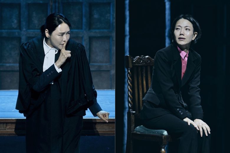 연극 '프리마 파시'는 성폭력 가해자의 변호인이었던 테사가 성폭력 피해자가 되면서 신뢰하던 법의 모순을 깨닫는 과정을 그린다. '프리마 파시(Prima Facie)'는 '일단 증거가 제시되면 그것을 사실로 간주한다'는 라틴어에서 유래된 법률 용어다. '테사' 역 차지연(왼쪽)과 김신록 공연 모습. /쇼노트