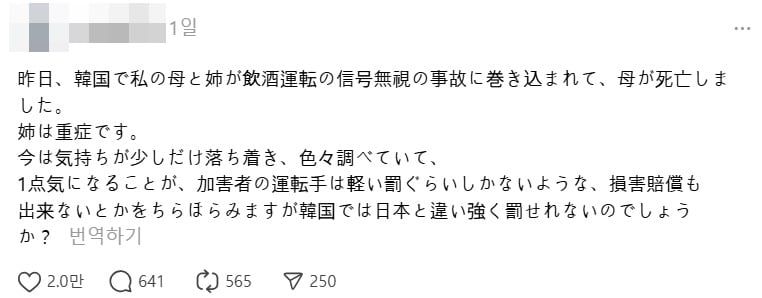 음주운전 사고 피해자 일본인 모녀 가족으로 추정되는 네티즌의 글./스레드