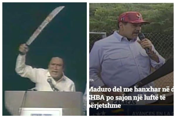 1988년 파나마시티의 한 집회에서 정글칼 마체테를 휘두르는 노리에가(왼쪽)와 지난 10월 카라카스 집회에서 마체테를 손에 든 마두로.