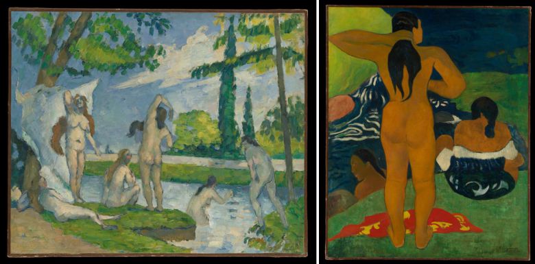 세잔의 '목욕하는 사람들’(왼쪽)과 고갱의 '목욕하는 타히티 여인들'. /메트로폴리탄박물관