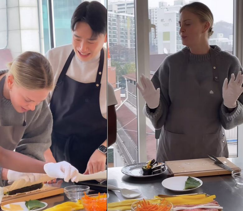 배우 샤를리즈 테론이 지난달 말 서울 성동구의 쿠킹 클래스에서 김밥 마는 법을 배우고 있다. /인스타그램