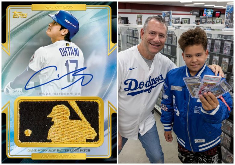 온라인 마켓 사이트 ‘이베이’에서 1090만달러(약 161억원)를 기록하며 스포츠 카드 사상 월간 최고 기록을 세운 오타니 카드(왼쪽) 와 지난 10월 미국 LA의 한 스포츠 카드 전문 매장에서 오타니 카드를 산 소년(오른쪽)/게티이미지코리아