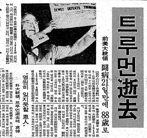 트루먼 서거. 1972년 12월 27일자 1면.