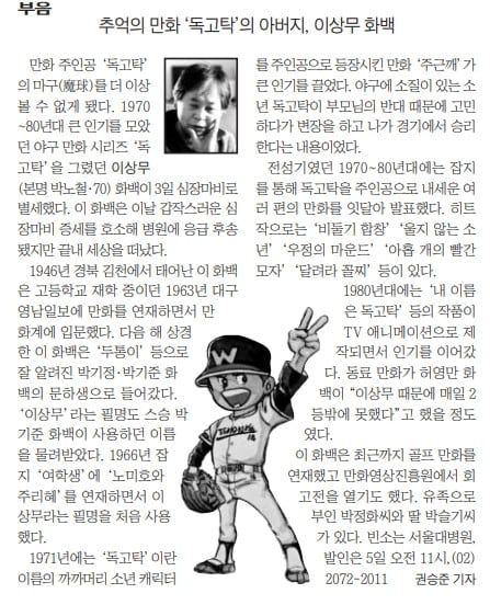 독고탁 만화가 이상무 별세. 2016년 1월 4일자 A14면.