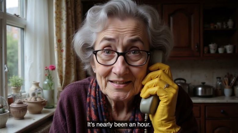 AI 데이지 할머니가 전화를 하는 가상의 모습. "이미 (전화를 한 지) 한 시간이 되간다"고 말하고 있다. /O2 유튜브 캡처