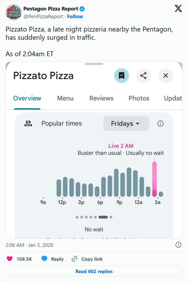 미군의 베네수엘라 공습이 시작된 지난 3일 새벽, 펜타곤 근처 피자가게 '피자토 피자'의 혼잡도가 평소보다 치솟았음을 보여주는 '펜타곤 피자 지수'의 한 온라인 계정. /X