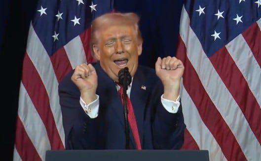 도널드 트럼프 미국 대통령이 6일 워싱턴 DC의 트럼프-케네디 센터에서 공화당 하원의원들을 상대로 연설을 하던 중 트랜스젠더 역도 선수를 흉내내고 있다. /백악관 유튜브