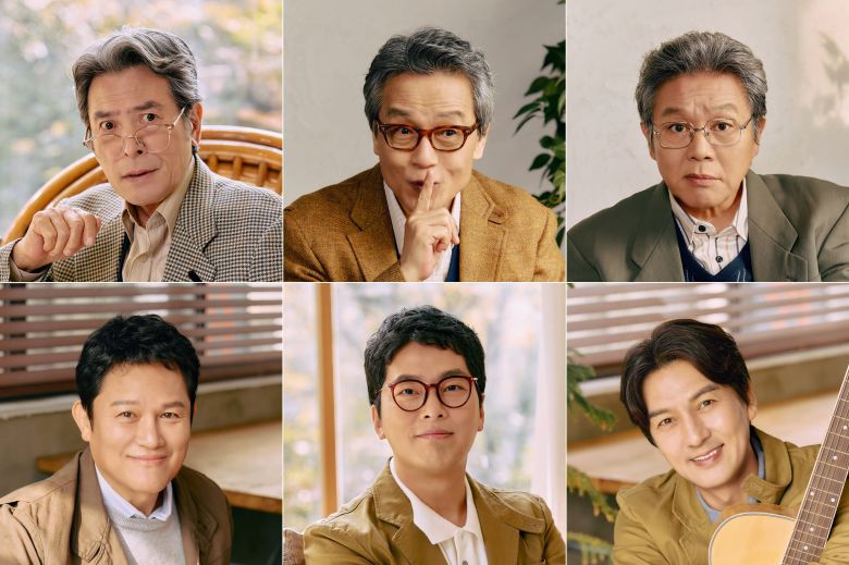 연극 '노인의 꿈'에서 '봄희'의 완고한 아버지 '상길'을 맡은 남경읍, 박지일, 김승욱(위 왼쪽부터)과 자상한 남편 '채운' 역의 강성진, 윤희석, 이필모(아래 왼쪽부터). /수컴퍼니