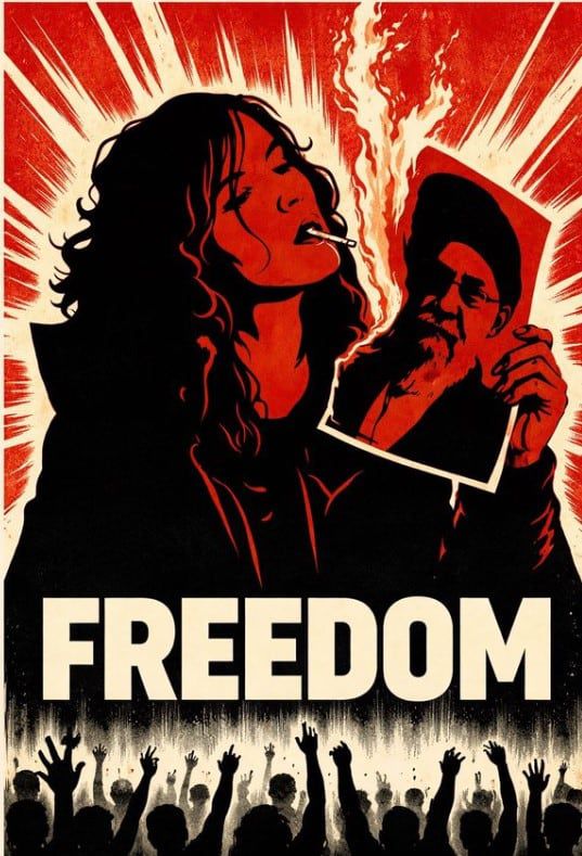 이란 최고지도자 아야톨라 알리 하메네이의 사진을 불 태우고 담뱃불로 쓰는 여성 ./ 엑스(X)