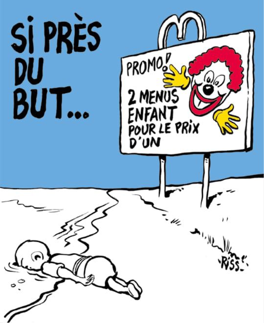 프랑스 주간지 샤를리 에브도가 2015년 9월 시리아를 떠나던 중 튀르키예 앞바다에서 익사한 채 발견된 3세 아동 난민 아일란 쿠르디를 조롱했다고 비판받은 만평. /샤를리 에브도