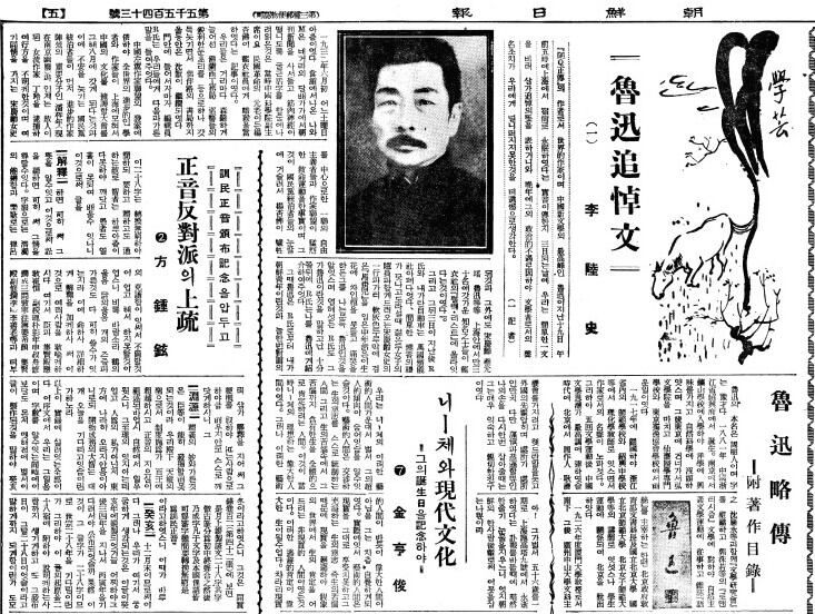 이육사 '노신 추도문'. 1932년 10월 23일자 석간 5면.
