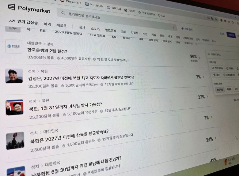 세계 최대 예측 시장 폴리마켓에서 진행 중인 한국 관련 베팅들. /정상혁 기자