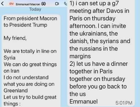에마뉘엘 마크롱 프랑스 대통령이 도널드 트럼프 미국 대통령에게 보낸 문자. /트루스소셜