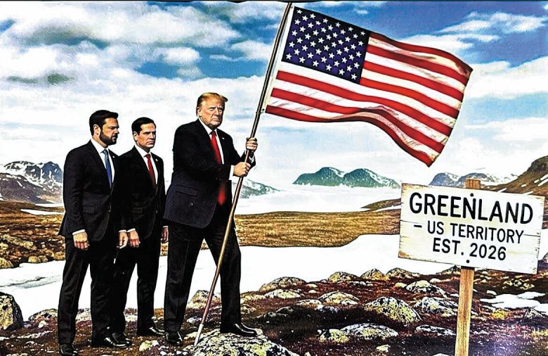 20일(현지 시각) 트럼프 대통령이 소셜미디어에 올린 합성 사진. "그린란드-2026년부터 미국 영토"라는 문구가 적힌 팻말 옆에 트럼프 대통령이 성조기를 들고 서있다. 그 뒤로는 JD 밴스 부통령과 마코 루비오 국무장관이 서있다./트루스 소셜