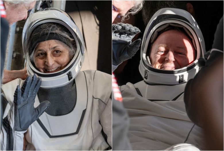 지난해 3월 우주에서 무사 귀환한 수니 윌리엄스(왼쪽)와 동료 우주비행사 부치 윌모어. 플로리다 앞바다에 착륙해 우주캡슐에서 나오고 있다./NASA