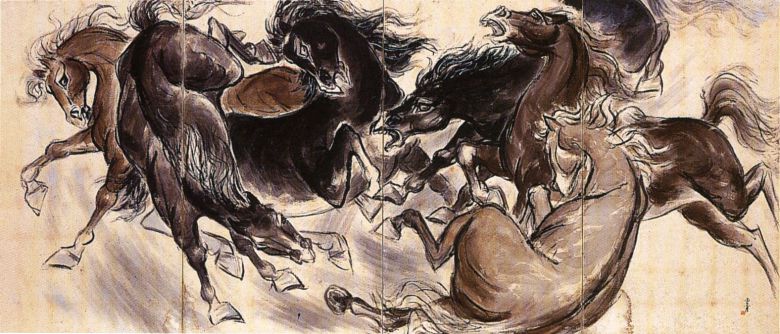 김기창, ‘군마도’, 1955, 국립현대미술관 이건희컬렉션. 김기창은 뛰어난 기량의 화가로, 특히 동물화의 일인자였다. 약 5미터에 달하는 거대한 화면에 서로 다른 방향으로 돌진하는 말들의 힘찬 운동감이 압권이다.