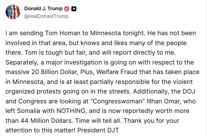 도널드 트럼프 대통령은 26일 국경 차르 톰 호먼을 미네소타에 보낸다고 했다./트루스소셜