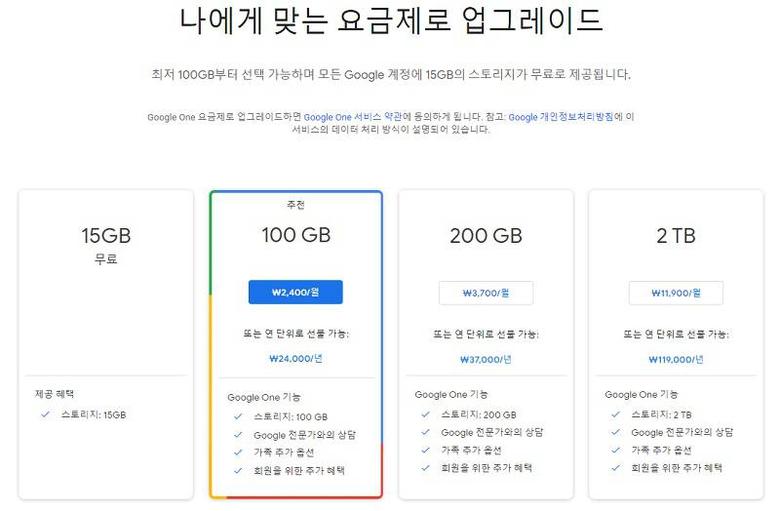 구글 one 요금제 정보, 출처=구글 홈페이지