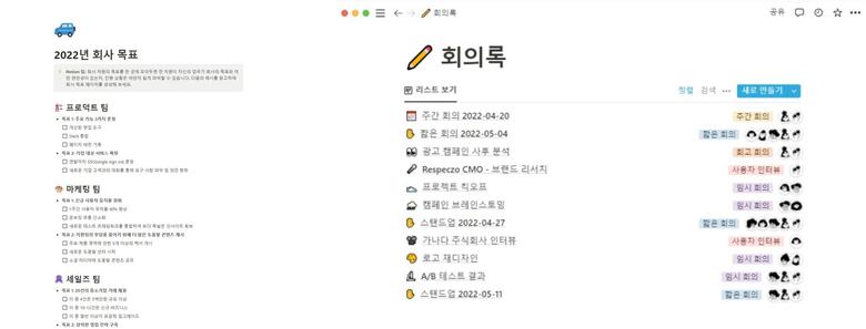 하위 항목들을 클릭하면 관련 내용을 볼 수 있게 협업툴을 구성한 모습. 출처=노션