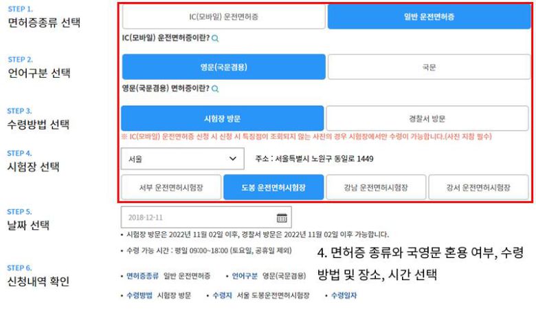 면허증 종류와 국영문 겸용 여부, 수령 위치 및 시간을 선택한다. 출처=IT동아