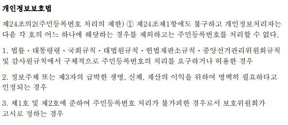 개인정보보호법에 명시된 주민등록번호 예외적 처리 허용 사유. 출처=국가법령정보센터