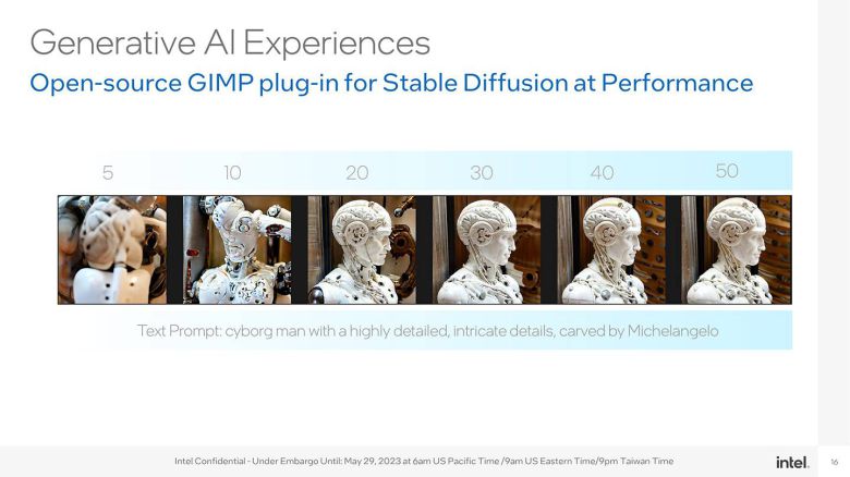 인텔은 사전 브리핑에서 이미지 편집 프로그램 GIMP에 포함된 생성형 AI '스테이블 디퓨전' 플러그인을 VPU로 구동하는 예시를 선보였다. 출처=인텔