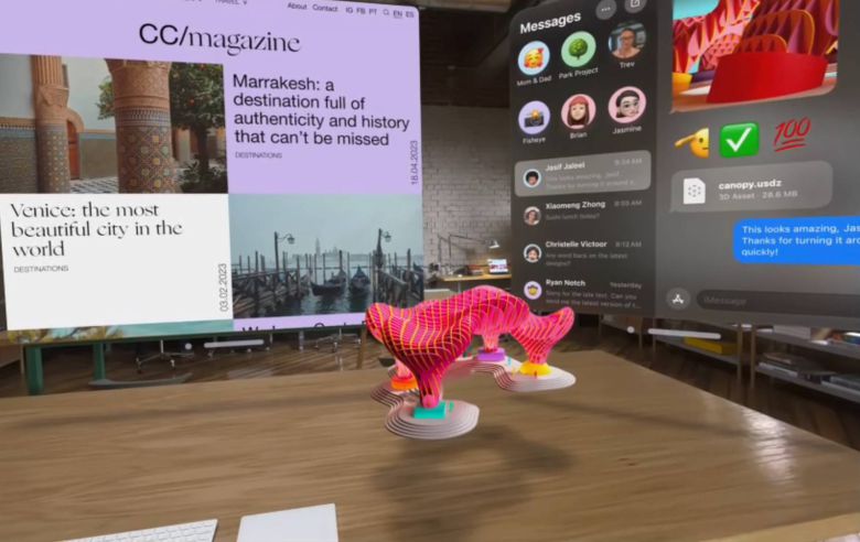 현실 공간에 앱과 콘텐츠 화면을 띄워놓고 작업할 수 있다. 출처=애플