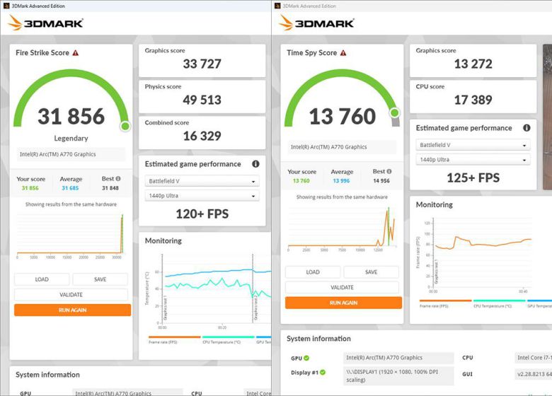 파이어스트라이크(좌측)와 타임스파이(우측) 결과 / 출처=IT동아