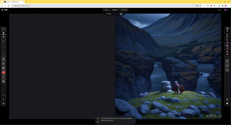 화면 좌우로 포토샵처럼 간단한 조작이 가능한 도구가 자리합니다. 화면 아래 입력창에 명령어를 넣거나 좌측 캔버스에 구도를 그리는 식으로 원하는 결과물을 만들면 됩니다. / 출처=IT동아