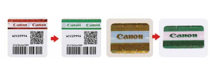 보는 각도에 따라 디자인과 색이 다르게 보이는 캐논 정품의 홀로그램 보안 필름 / 출처=캐논코리아