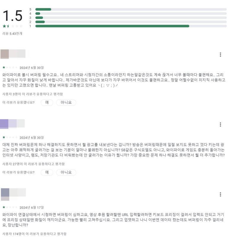 구글 플레이스토어의 '치지직' 앱 리뷰란. 버퍼링 등을 이유로 앱에 최하점인 1점을 부여한 이용자 숫자가 절반을 훌쩍 넘는다 / 출처=구글 플레이스토어 캡처