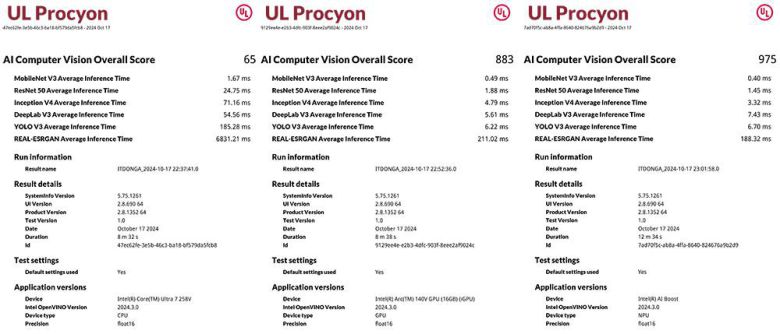 좌측부터 CPU, GPU, NPU의 AI 테스트 결과 / 출처=IT동아