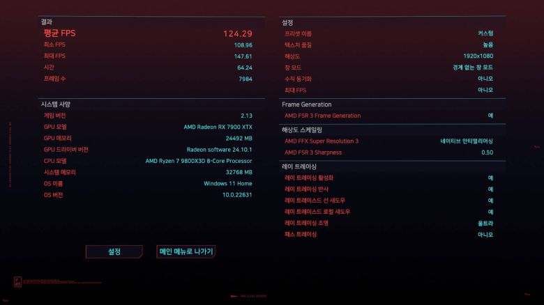 ▲라이젠 7 9800X3D ▲라데온 RX 7900XTX 조합에 하이퍼-RX(HYPR-RX) 적용 후 사이버펑크 2077을 실행한 결과 / 출처=IT동아