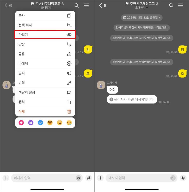 방장, 부방장은 ‘메시지 가리기’를 할 수 있다 / 출처=IT동아