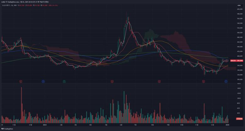 농심(종목 코드 : 004370)의 주가 흐름을 보여주는 일봉 차트 / 출처=트레이딩뷰