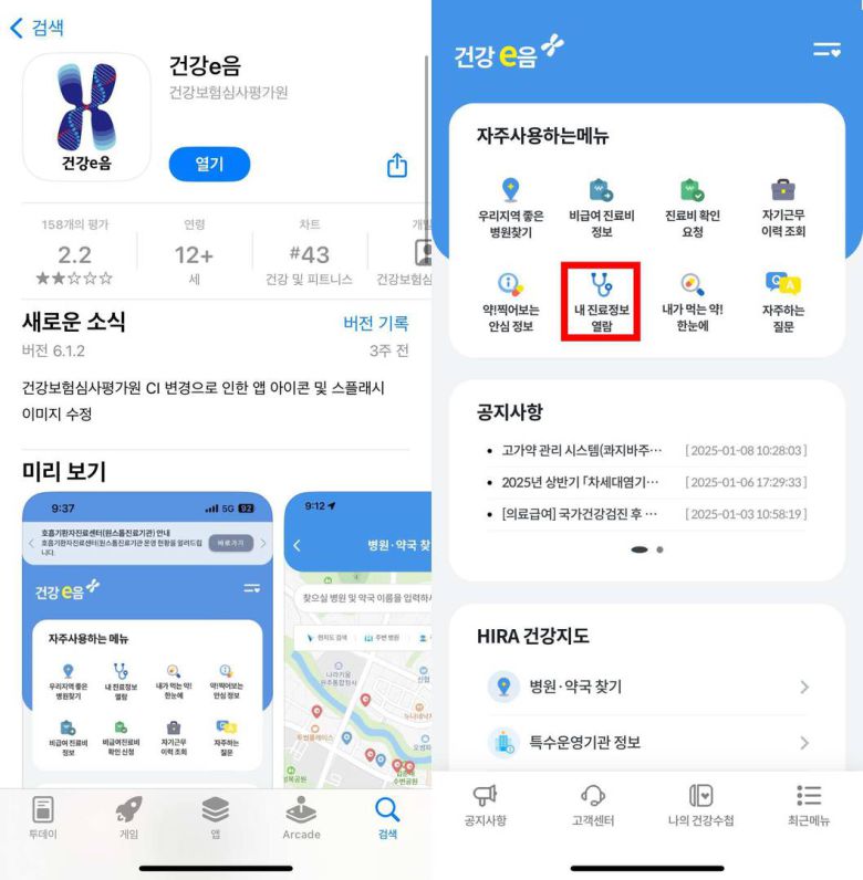 건강보험심사평가원 건강e음 앱 / 출처=IT동아