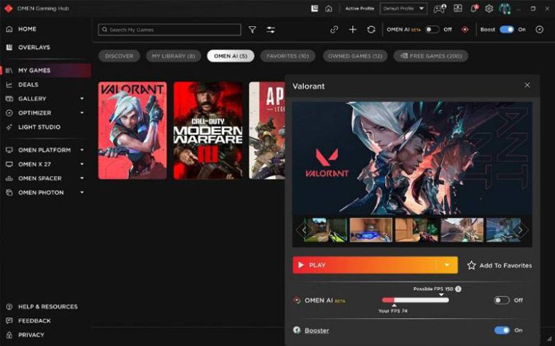 자동으로 하드웨어 및 운영체제, 게임 설정을 최적화하는 ‘오멘 AI’ / 출처=HP