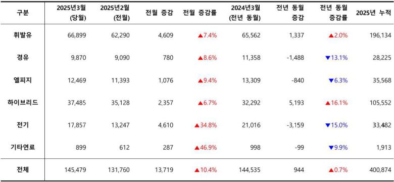 2025년 3월, 사용 연료별 신차 등록 대수 / 출처=카이즈유데이터연구소