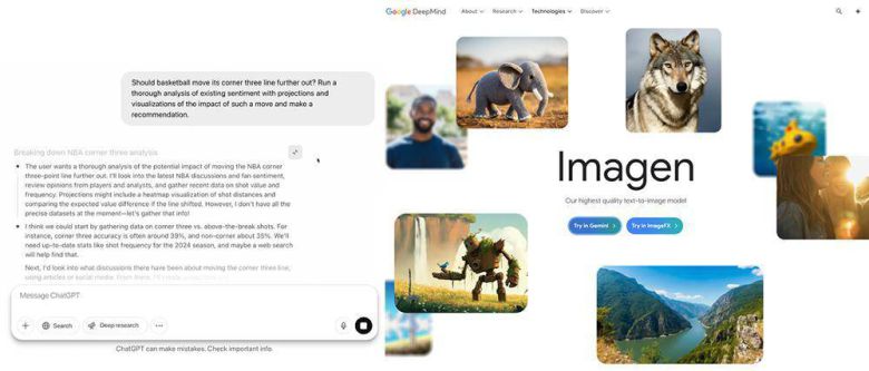 오픈AI의 GPT o3 미니 모델 동작 화면(좌)과 구글 딥마인드의 이미지 생성형 AI인 이마젠 설명 화면 (우) / 출처=오픈AI, 구글