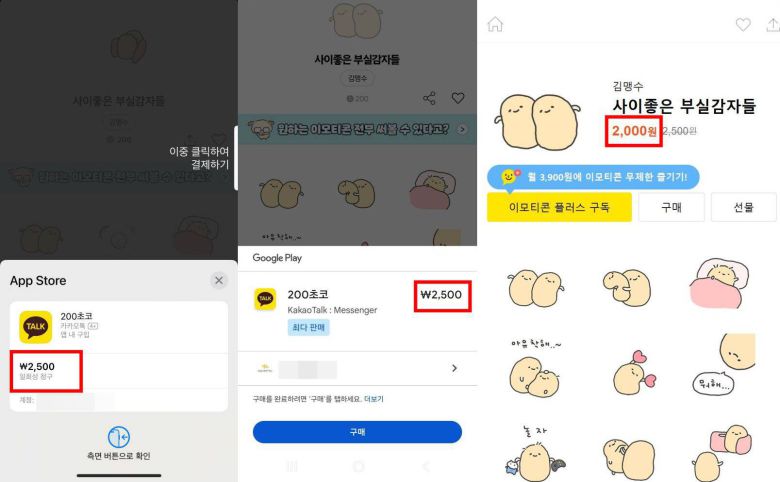 앱스토어(왼쪽), 구글 플레이(가운데), PC 카카오톡(오른쪽) 개별 이모티콘 가격 비교 / 출처=IT동아