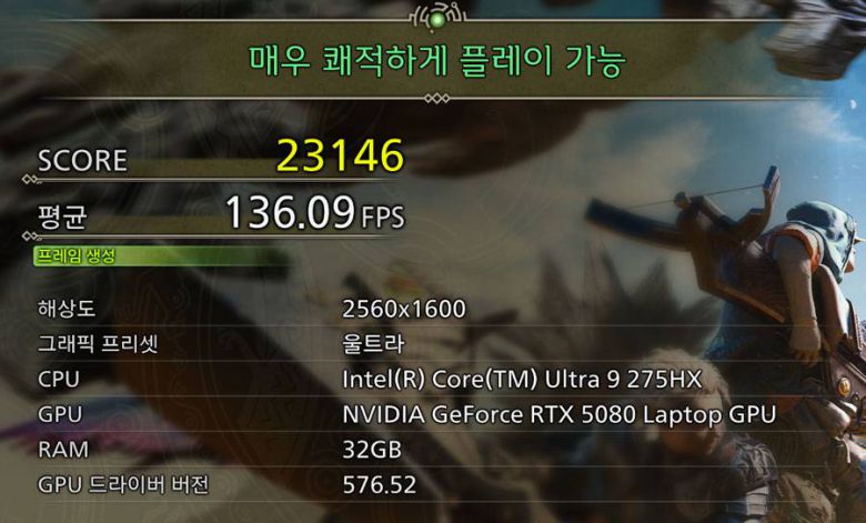 몬스터헌터 와일즈 벤치마크 결과(프레임 생성 ON) / 출처=IT동아