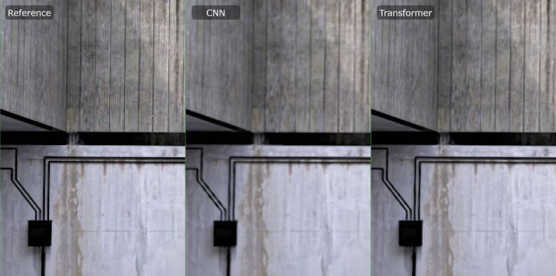 일반 화질(좌), 합성곱 신경망(중간), 트랜스포머 모델(우)을 적용한 예시. 트랜스포머 모델 방식이 더 선명한 화질을 제공한다 / 출처=엔비디아