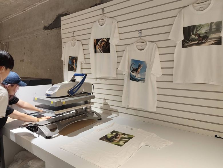 사전 신청한 방문객이 디자인한 티셔츠를 인쇄하고 있다 / 출처=IT동아)