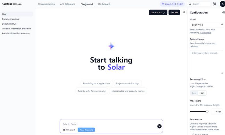 업스테이지 솔라 프로 2 LLM 실행 콘솔 화면, 측면 설정을 통해 모델과 리즈닝 효과, 토큰 수 등을 설정할 수 있다 / 출처=IT동아