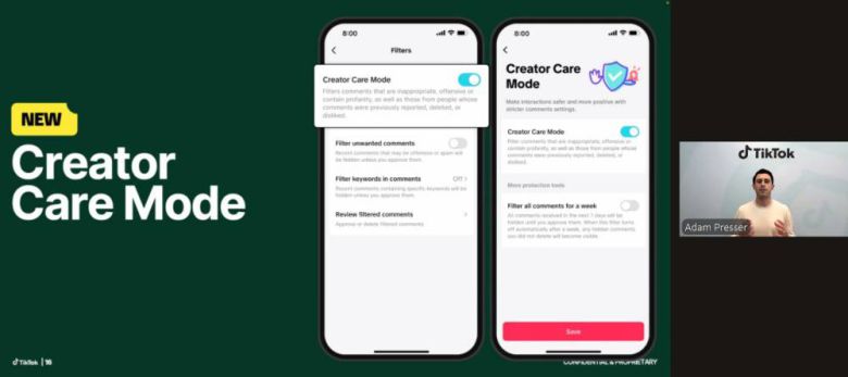크리에이터 케어 모드는 부적절하거나 공격적인 댓글을 포함해 과거 신고 혹은 삭제했거나 싫어요 버튼을 눌렀던 이용자의 댓글을 필터링할 수 있다 / 출처=틱톡
