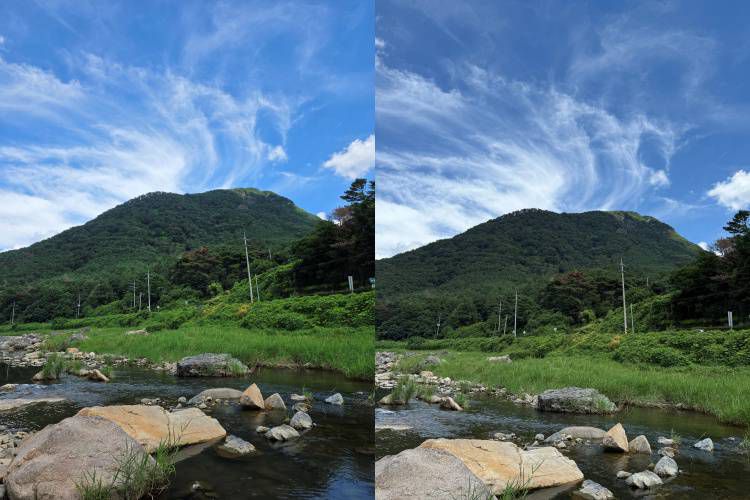 (왼쪽부터)갤럭시 Z 폴드7와 아이폰 16 프로의 일반 모드로 촬영한 풍경 사진 / 출처=IT동아