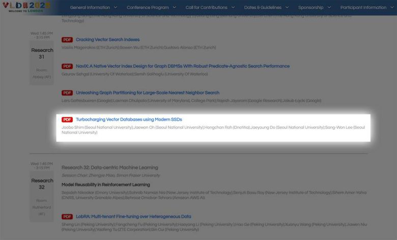 VLDB 2025에 'Turbocharging Vector Databases using Modern SSDs' 논문이 게재돼있다 작성자 중 노홍찬 디노티시아 최고 데이터 책임자의 이름이 있다 / 출처=VLDB2025
